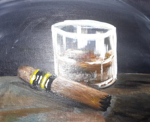 A painting of a black background with a cigar and bourbon.