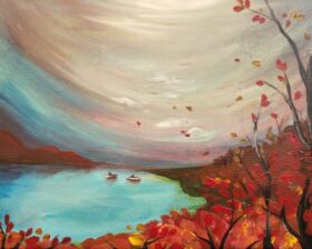 fall winds A painting of a lake with a small boat on a fall windy day.