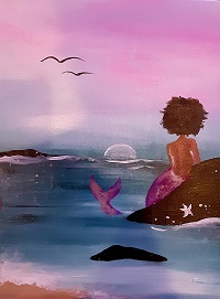 A painting of a mermaid sitting on a rock.
