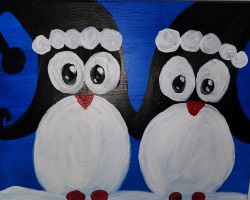 A painting of two penguins on a blue background.