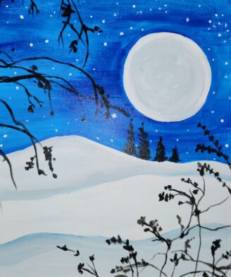 a painting of winter in moonlight night sky and sow the trees.