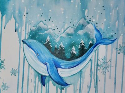 a painting of a blue winter whale with a snow mountain on its back.