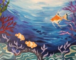 A painting of an underwater scene with fish and corals.