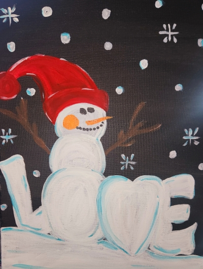 BLack background with Snowman in red hat and love.