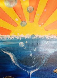 A painting of an ocean scene with bubbles in the background.