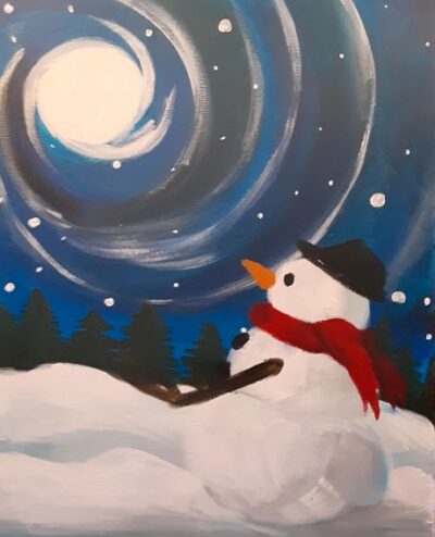 A painting of a snowman with a top hat and red scarf in the night.