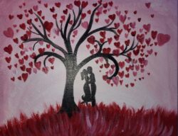 A painting of a couple kissing under a heart tree.