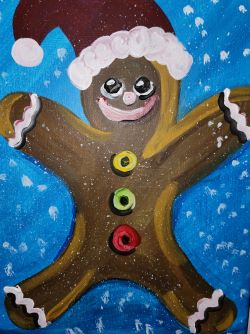 a painting of a blue background with gingerbread man with a red sanata hat on