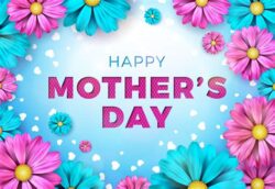 Bright Mother's Day greeting with colorful flowers on a blue background.