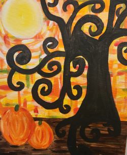 A painting of a bright background and a crazy pumpkin tree.