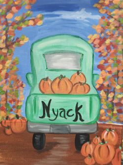 A painting of a green nyack truck with pumpkins in a fall background.