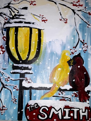 A painting of a street light post and yellow and red birds in the snow.