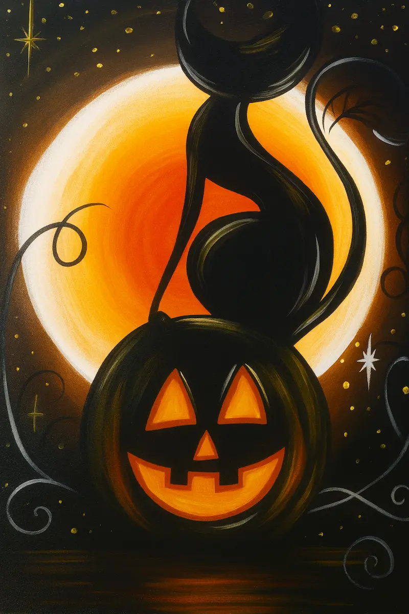 A black cat sitting on a glowing jack-o'-lantern under a full moon.