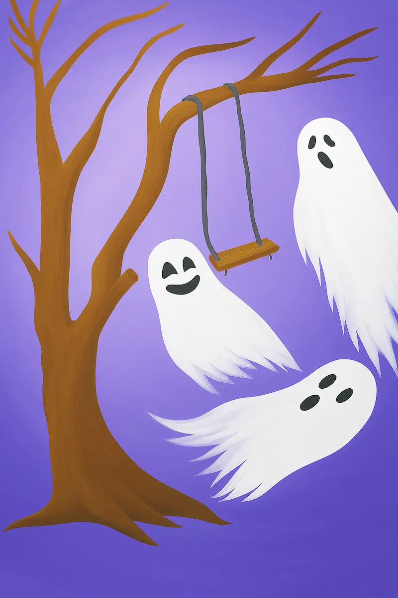 Three playful ghosts around a tree with a swing on a purple background.