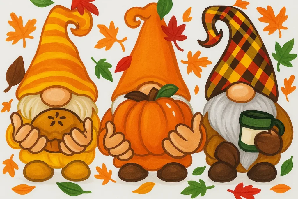 Three autumn gnomes holding pumpkins and fall leaves.