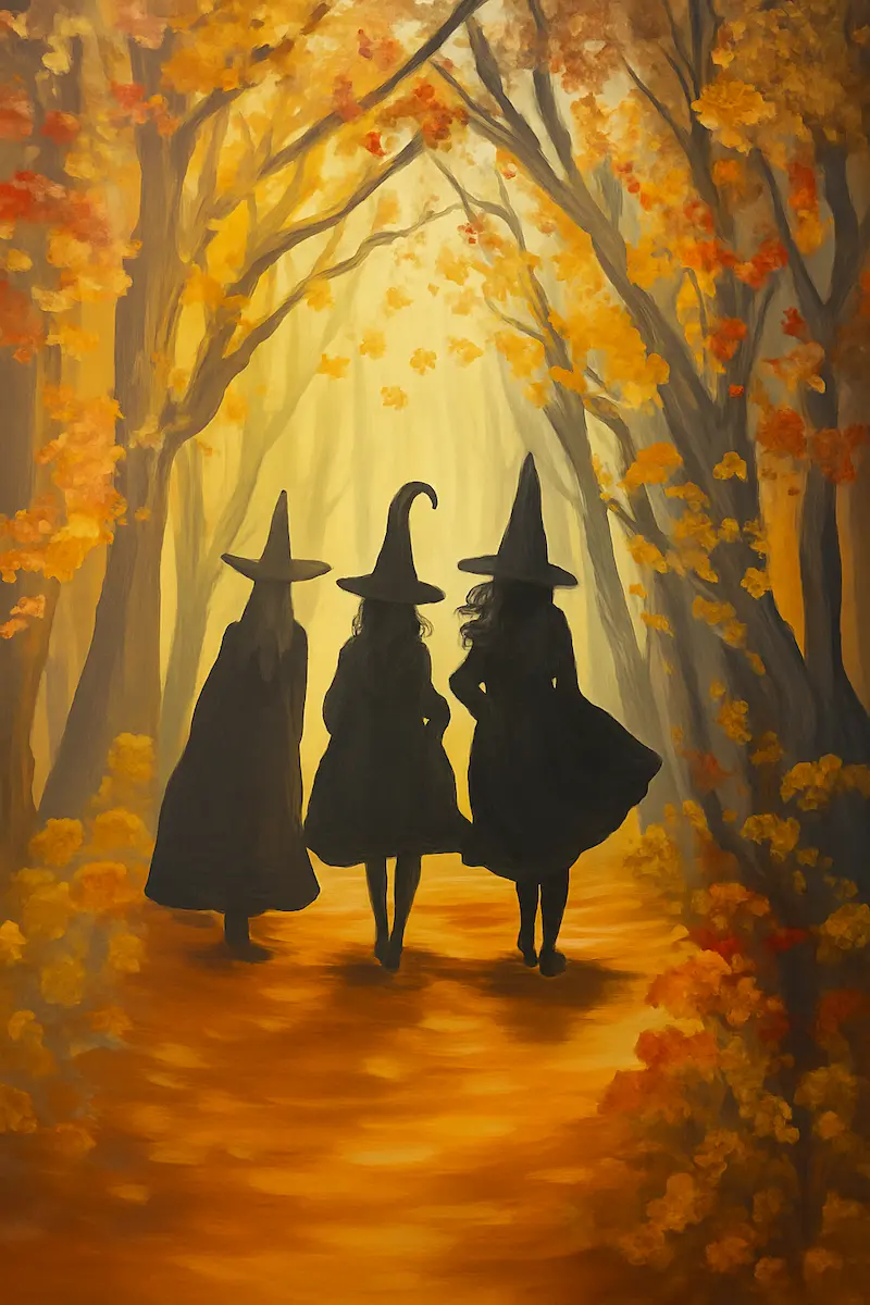 Three witches walk through an autumn forest with glowing light.