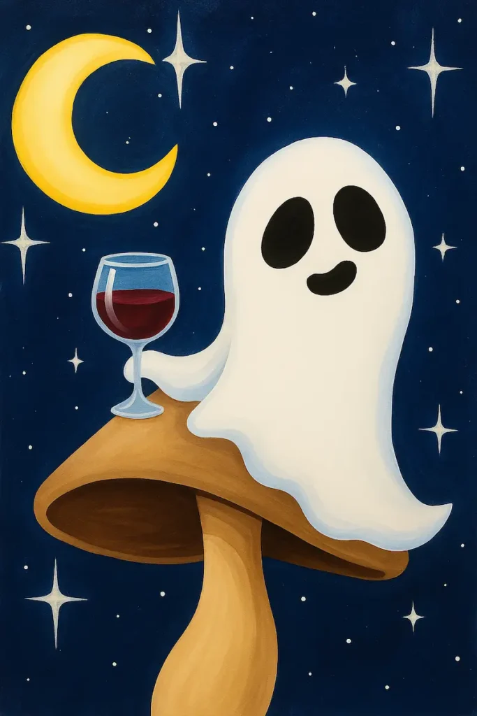 A cute ghost holding a glass of wine, sitting on a mushroom under the moon.