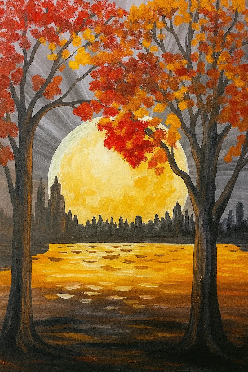 Autumn trees frame a glowing full moon over a reflective lake at dusk.