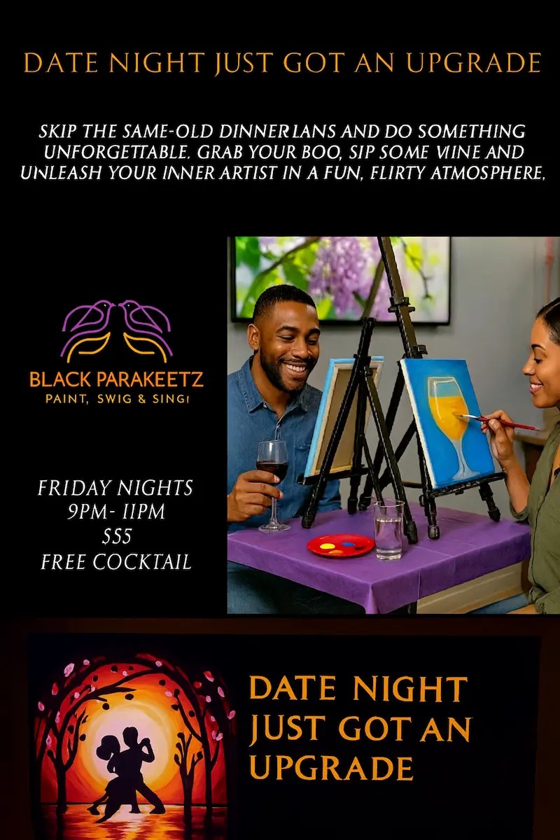 Couple enjoying a fun, flirty date night painting with wine.