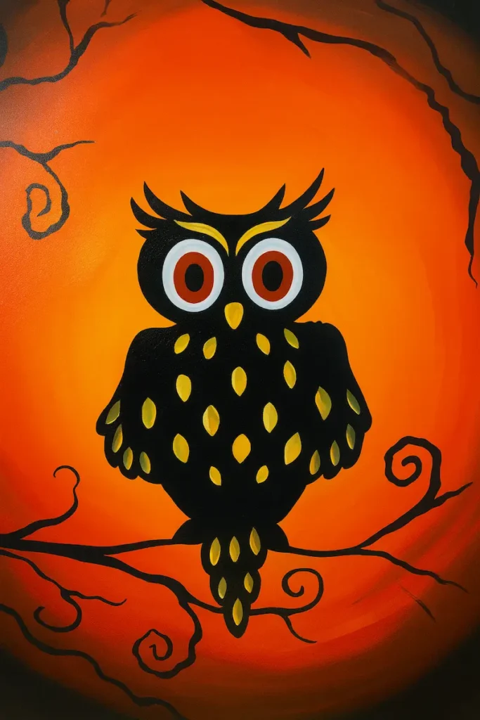A stylized black owl with yellow spots on an orange background.