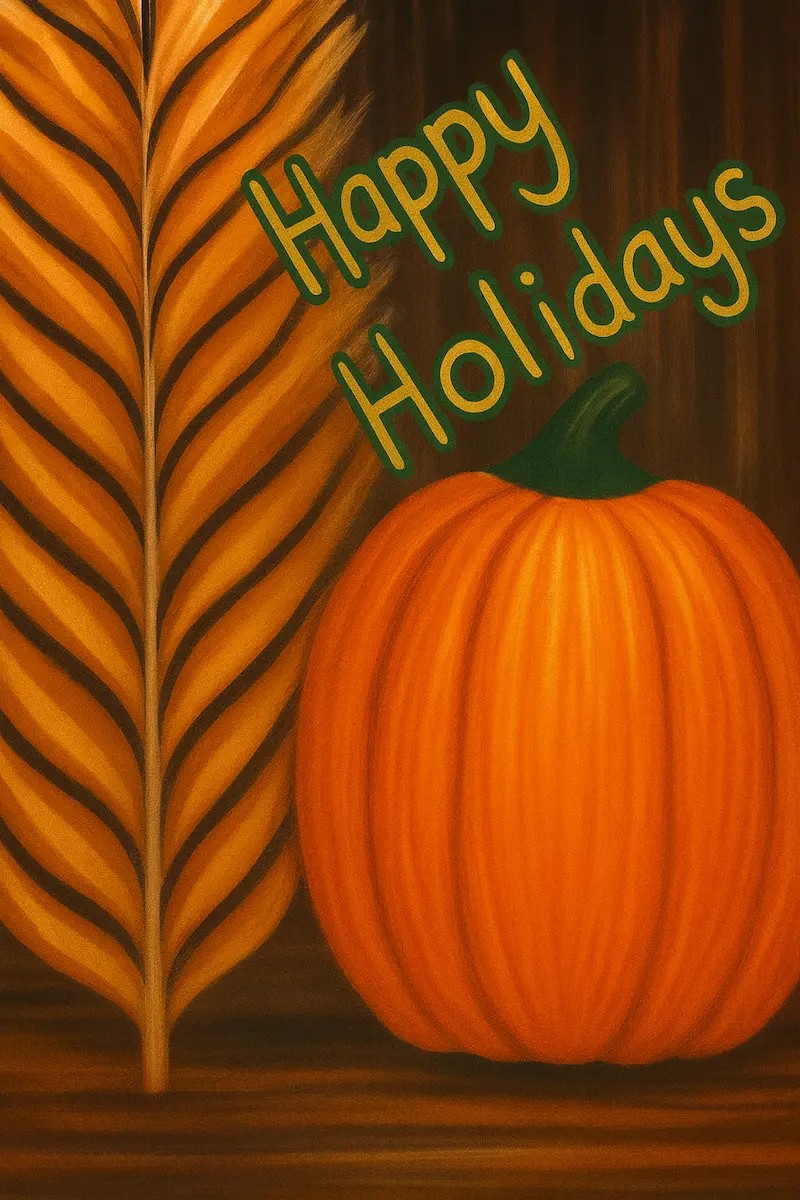 A festive pumpkin and autumn leaf with 'Happy Holidays' text.