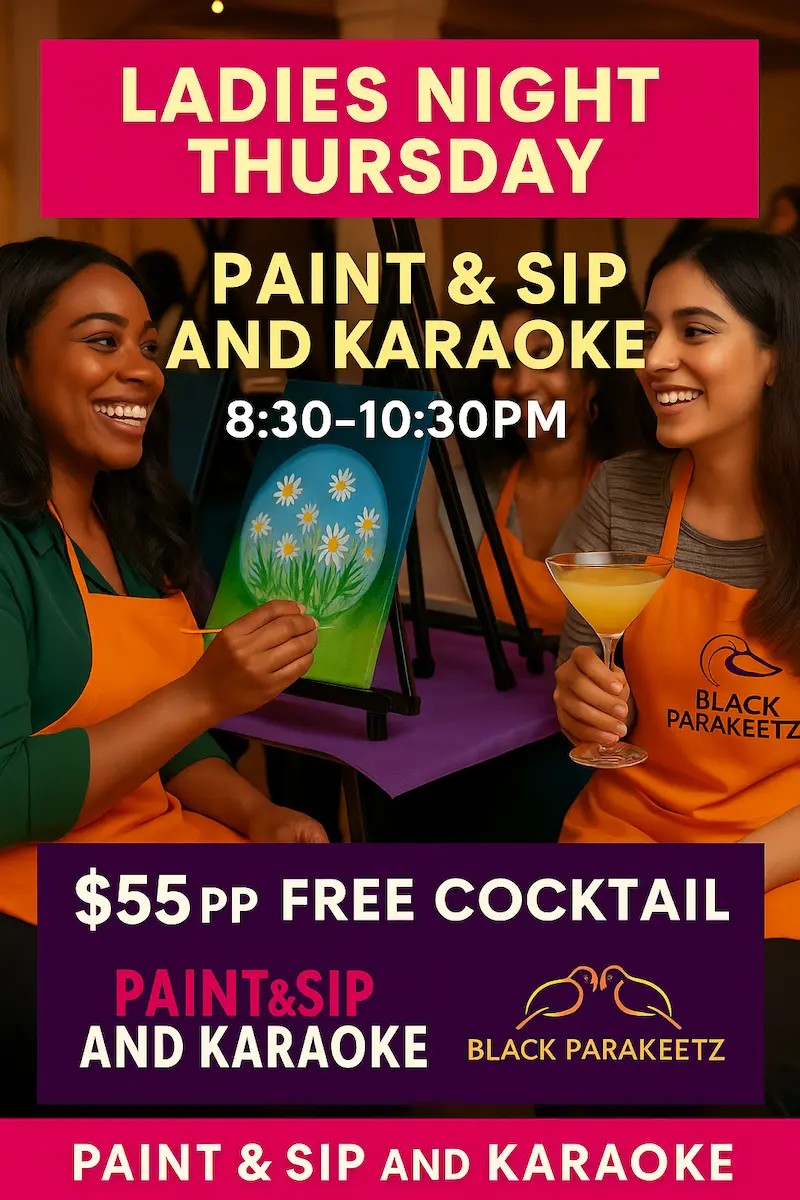 Two women enjoy drinks and painting at a Paint & Sip and Karaoke event. Two women enjoy drinks and painting at a Paint & Sip and Karaoke event.