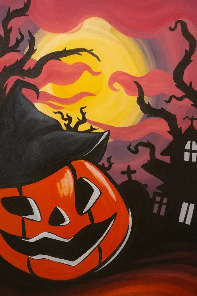 A spooky Halloween scene with a carved pumpkin and full moon.
