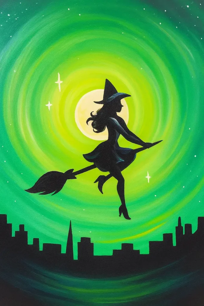Silhouette of a witch flying on a broomstick against a glowing green moon.