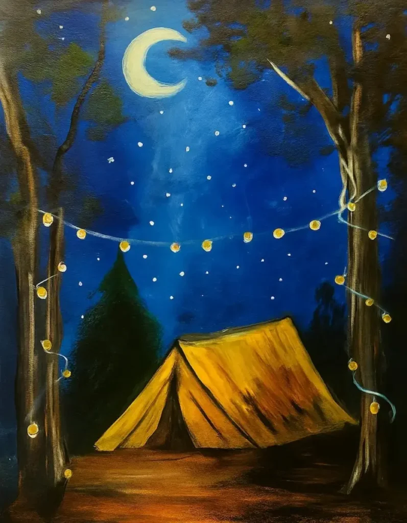 Tent under starry night with moon.