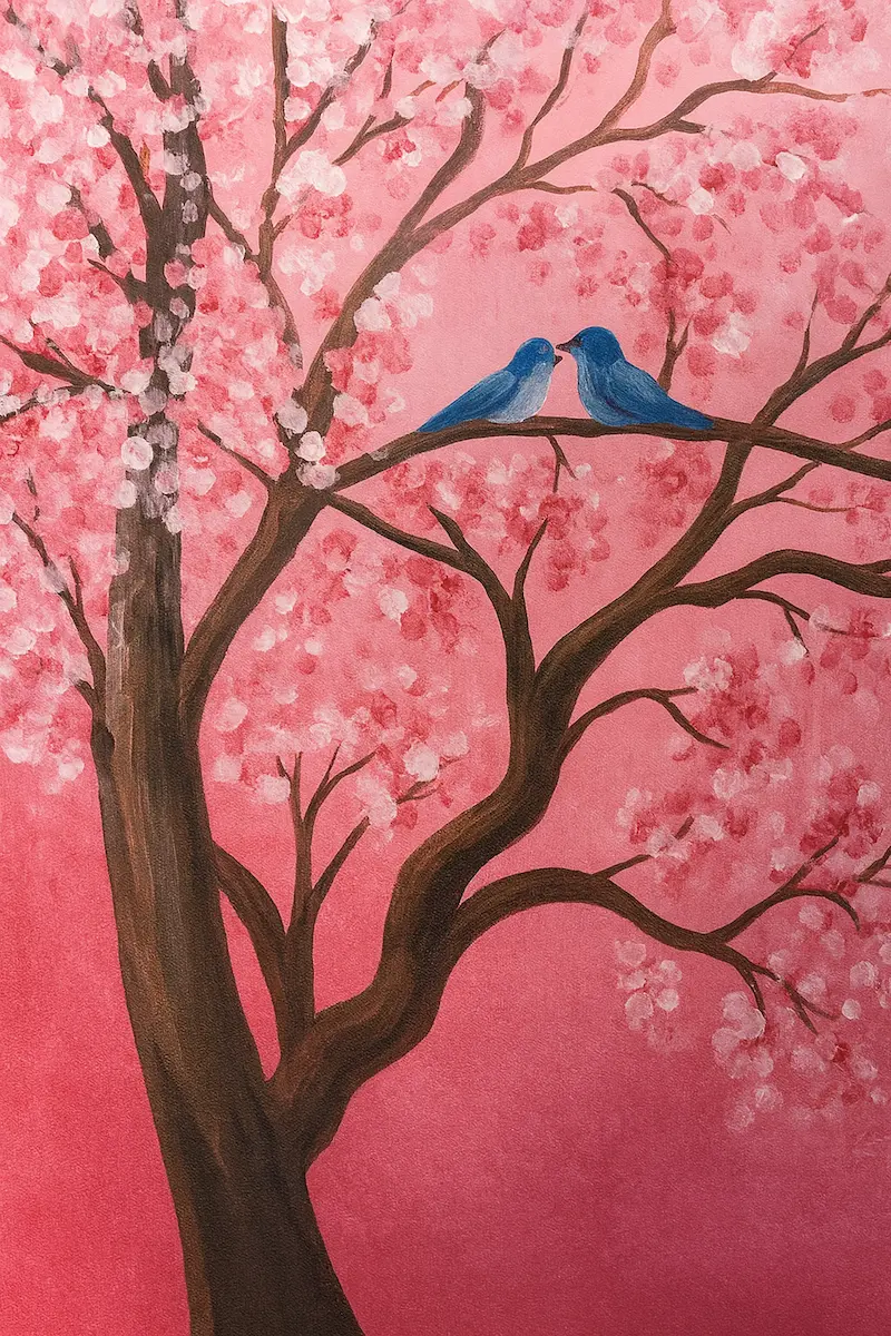 Two blue birds perched on a blossoming pink tree branch.