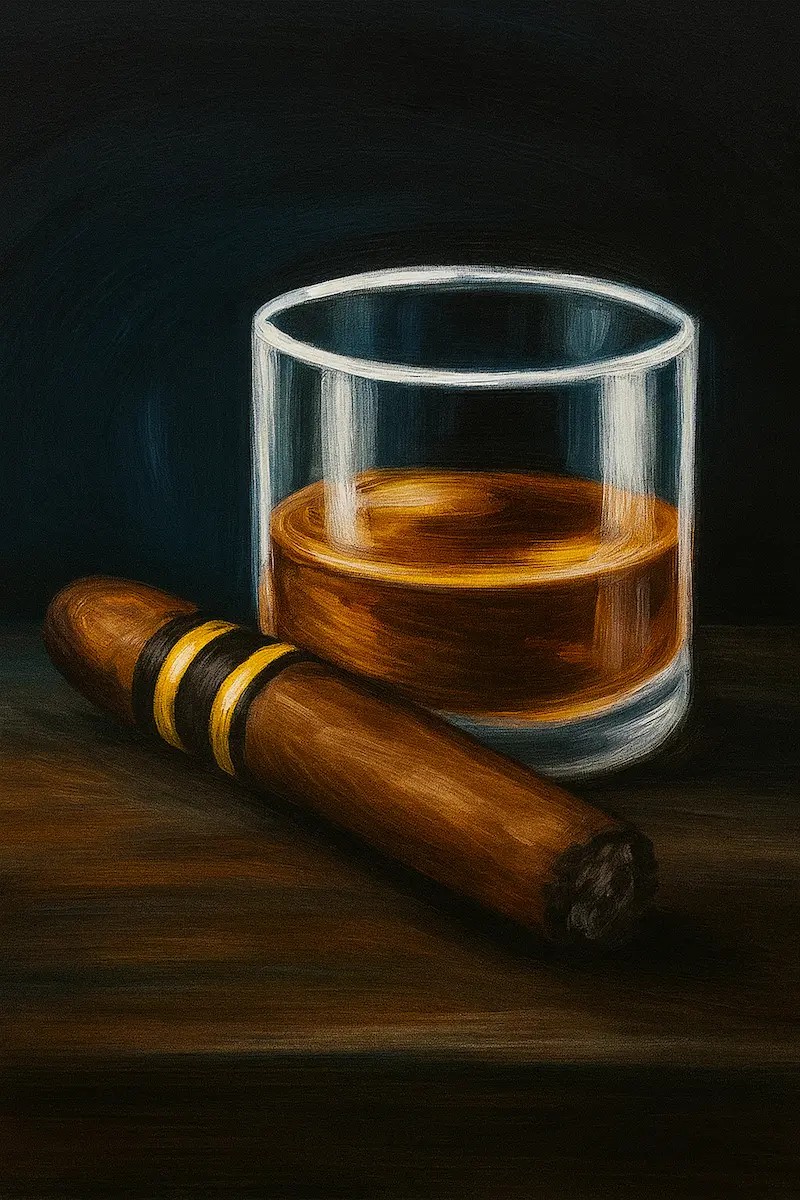 A glass of whiskey and a cigar on a wooden surface. A glass of whiskey and a cigar on a wooden surface.
