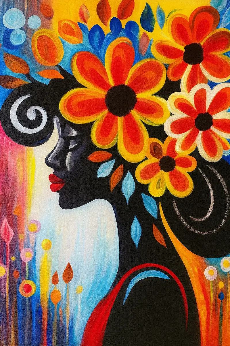 Silhouette of a woman adorned with vibrant flowers in her hair.