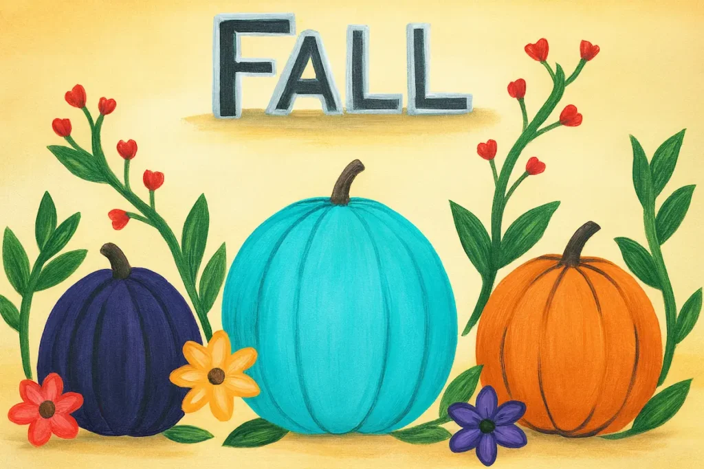 Colorful pumpkins with flowers and the word 'FALL' on a warm background.