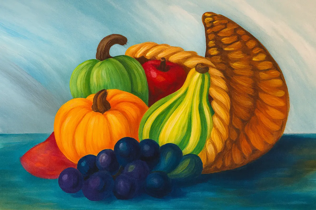 A colorful autumn still life with pumpkins, grapes, and a cornucopia.