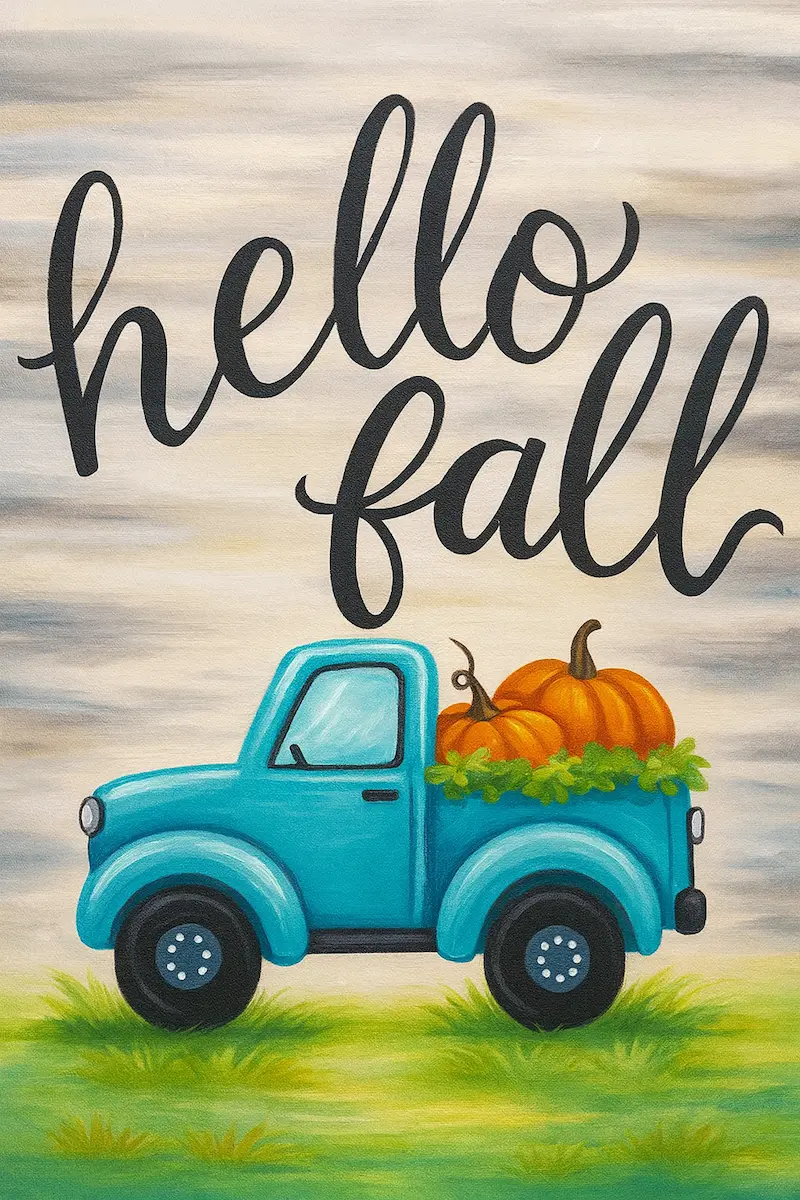 Vintage blue truck carrying pumpkins with 'hello fall' text.