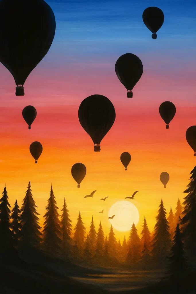 Hot air balloons float over a forest at sunset with vibrant colors.