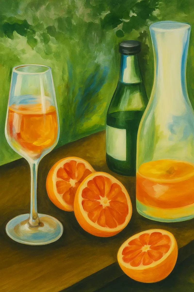 Still life painting of wine, oranges, and cheese.