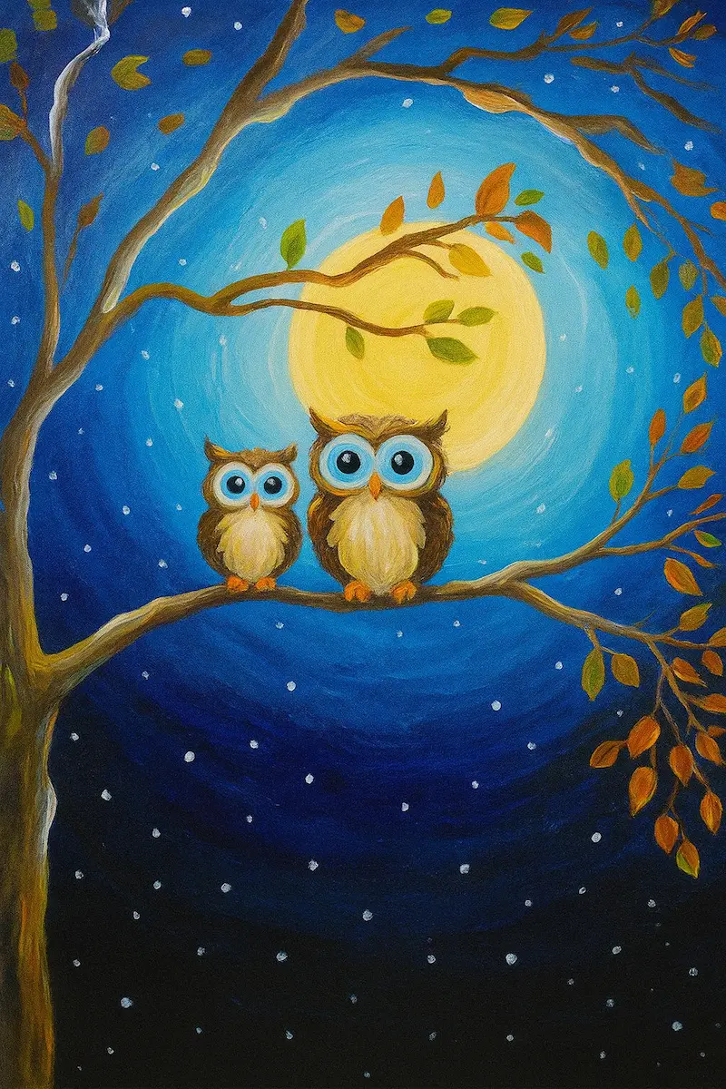 Two owls perched on a branch under a bright full moon.
