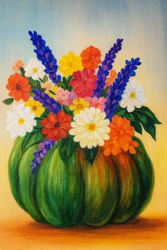 Colorful flowers arranged in a pumpkin vase against a soft background.