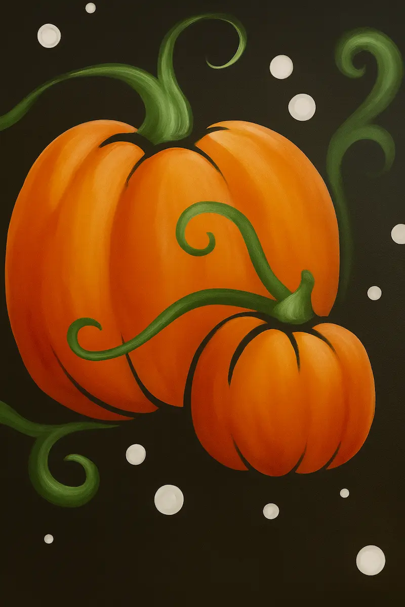 Two vibrant orange pumpkins with green vines on a dark background.