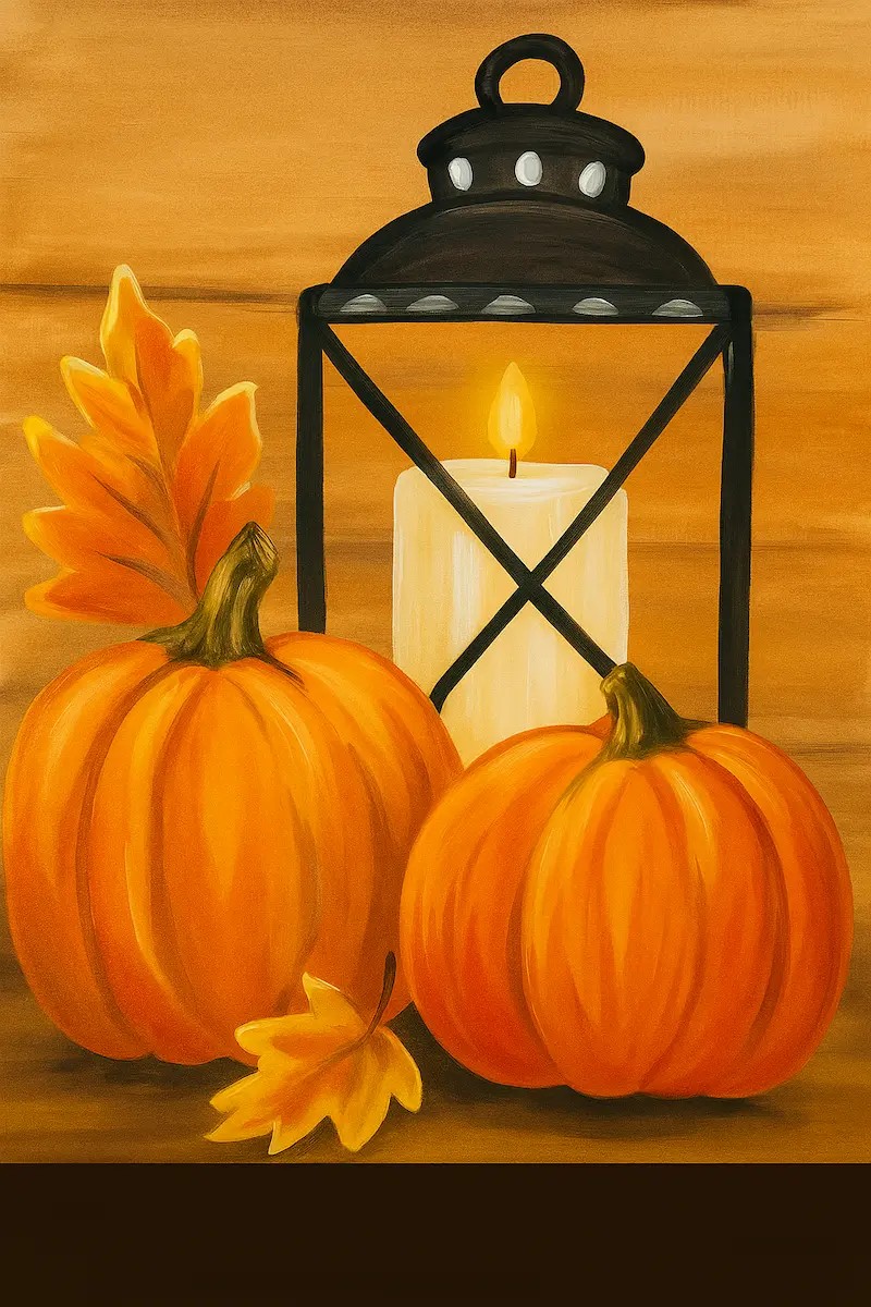 Two pumpkins and a lit candle lantern with autumn leaves.