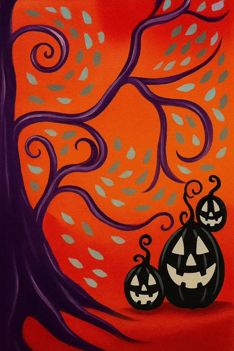Halloween-themed artwork with a spooky tree and carved pumpkins.