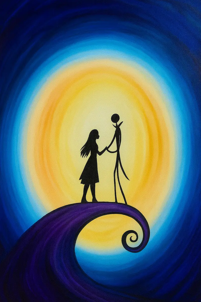Silhouettes of a couple holding hands on a curled hill with a glowing background.