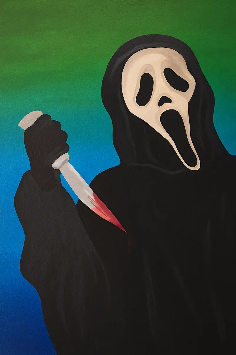 A masked figure holding a bloody knife in a dark setting. A masked figure holding a bloody knife in a dark setting.