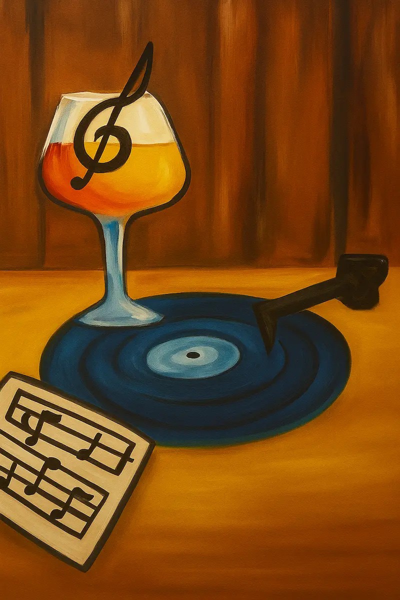 A wine glass with a treble clef stands on a vinyl record player.