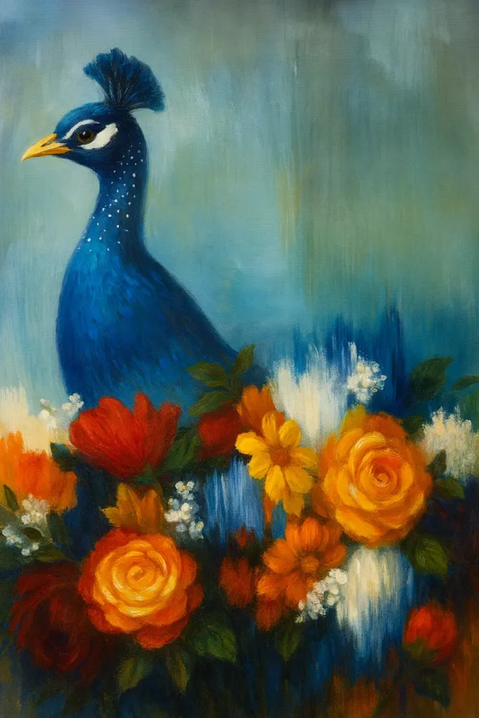 Peacock amid vibrant flowers, artistic painting.