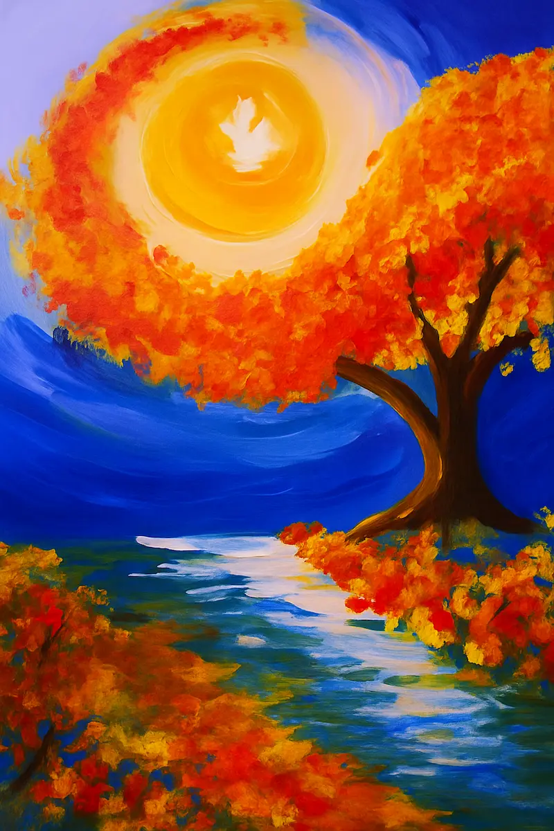 Vibrant autumn tree with fiery orange leaves by a serene river under a glowing sun.