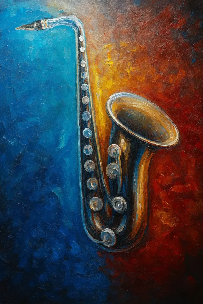 Colorful painting of a saxophone with gradients.