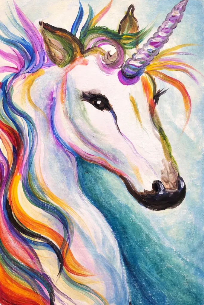 Colorful unicorn with a vibrant mane painting.