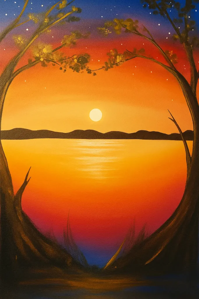 Sunset over lake with silhouetted trees.